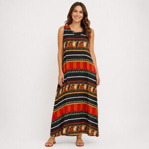 La Cera Midi Dress Womens L Boho Tribal Print Sleeveless Rayon India Colorful